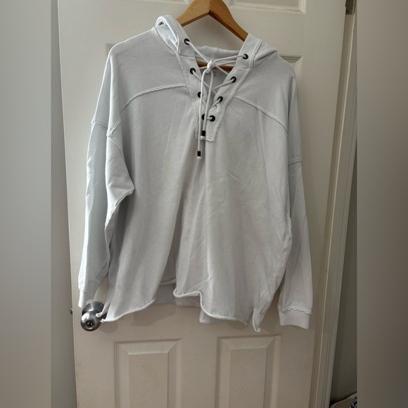 Aerie lace up relaxed oversized sweat shirt white size medium hood - Picture 1 of 11